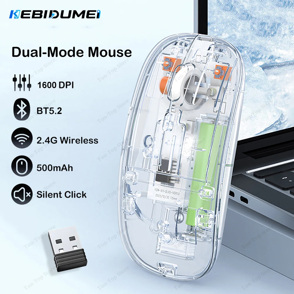 Transparent Dual-Mode Wireless Mouse – Bluetooth 5.2 & 2.4G Silent Click